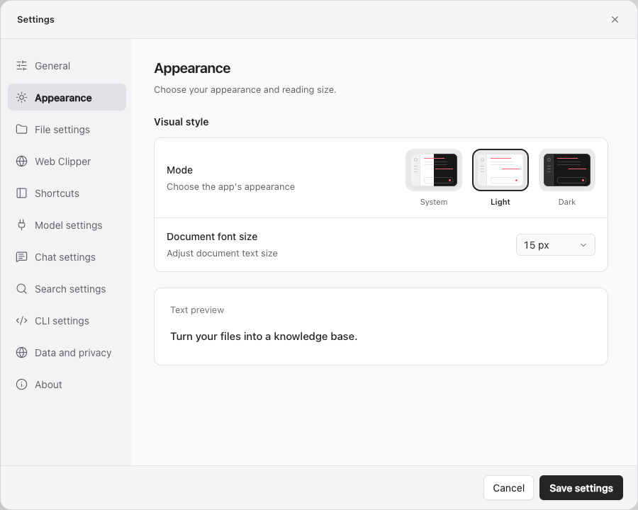 Theme, document font size and preview