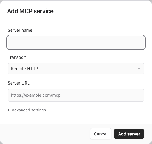 Connection settings in the Add MCP service dialog