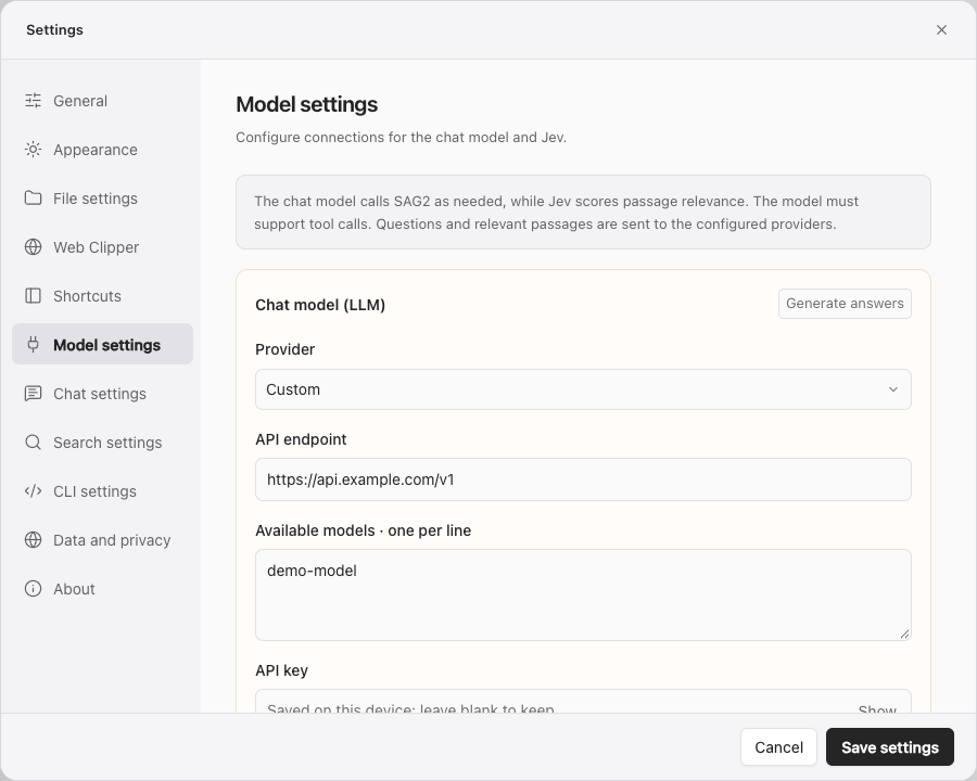 Answer model provider, endpoint and model settings