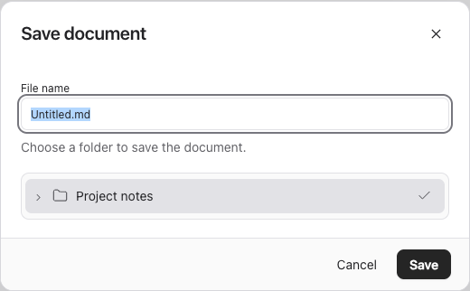 Setting a name and folder when saving a new document for the first time