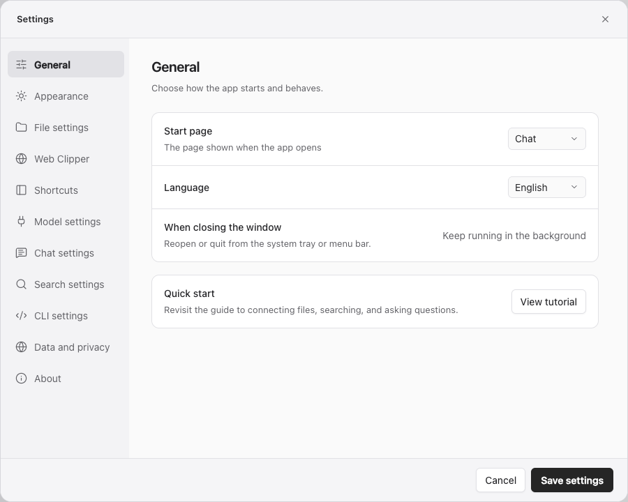 Start page, language and quick-start settings