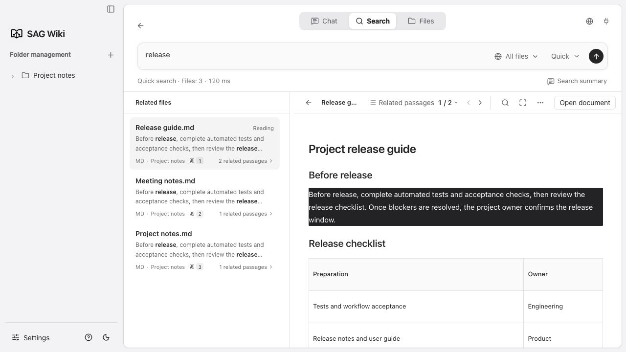 Search results and source highlights