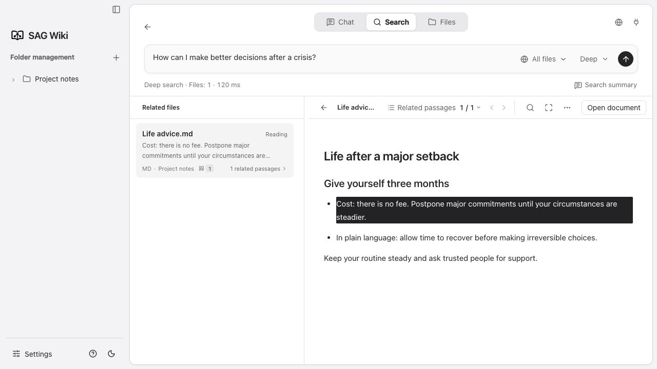 Semantic results highlight the selected source passage