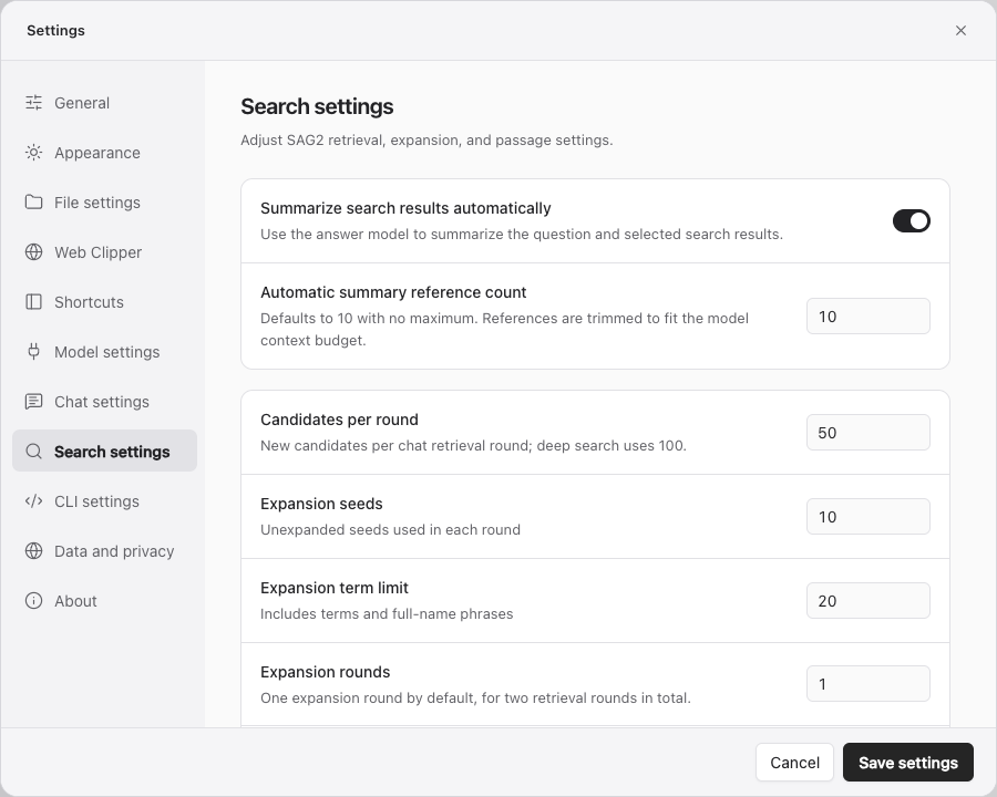Automatic summary and SAG2 retrieval settings