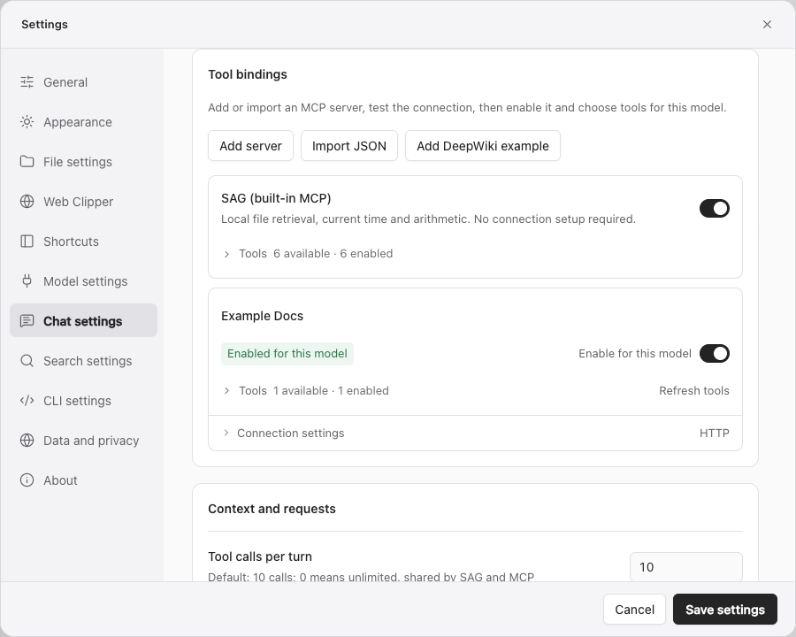 Built-in SAG tools and external MCP bindings